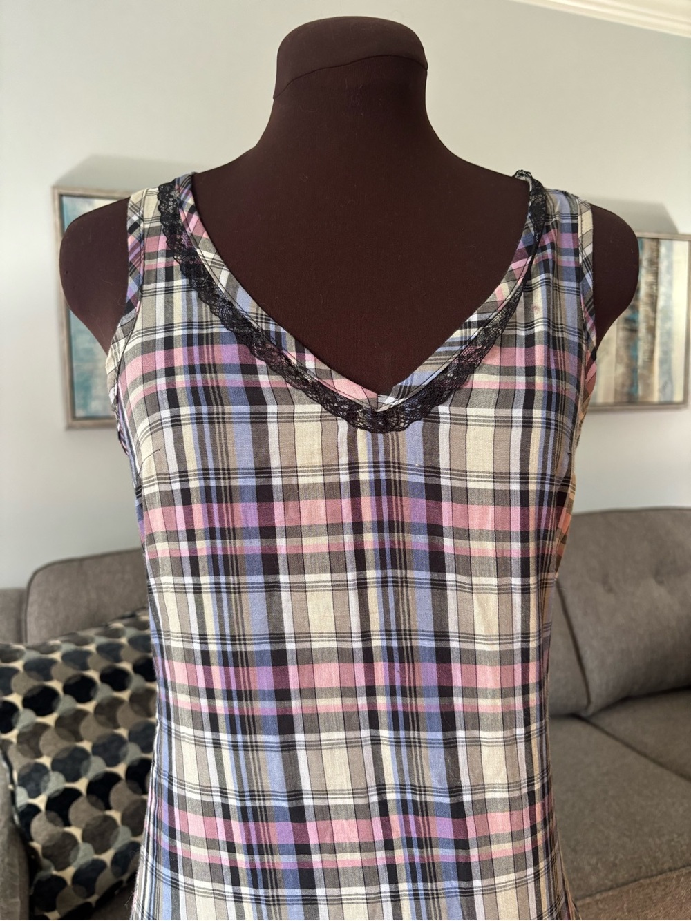 Y2K Plaid Ruffle Dress with Black Lace Trim - Picture 4 of 7